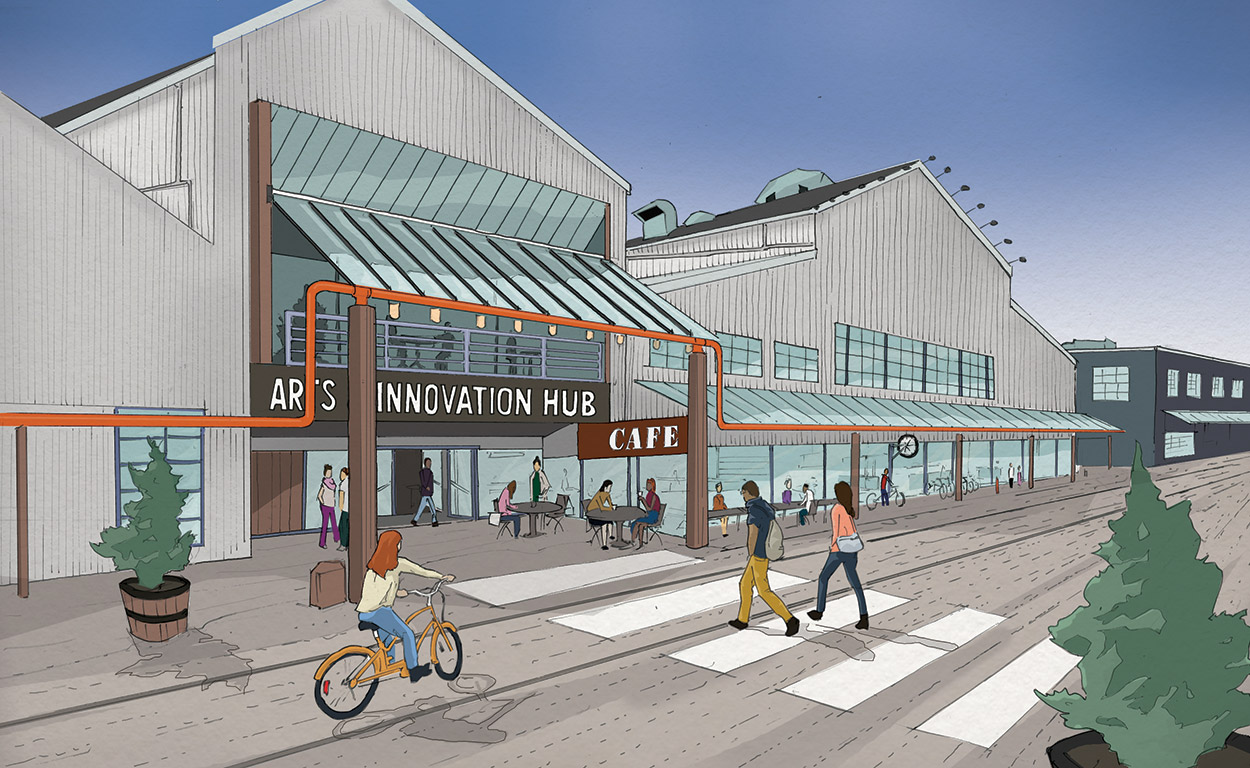 Exterior Rendering of the new Granville Island Arts and Innovation Hub