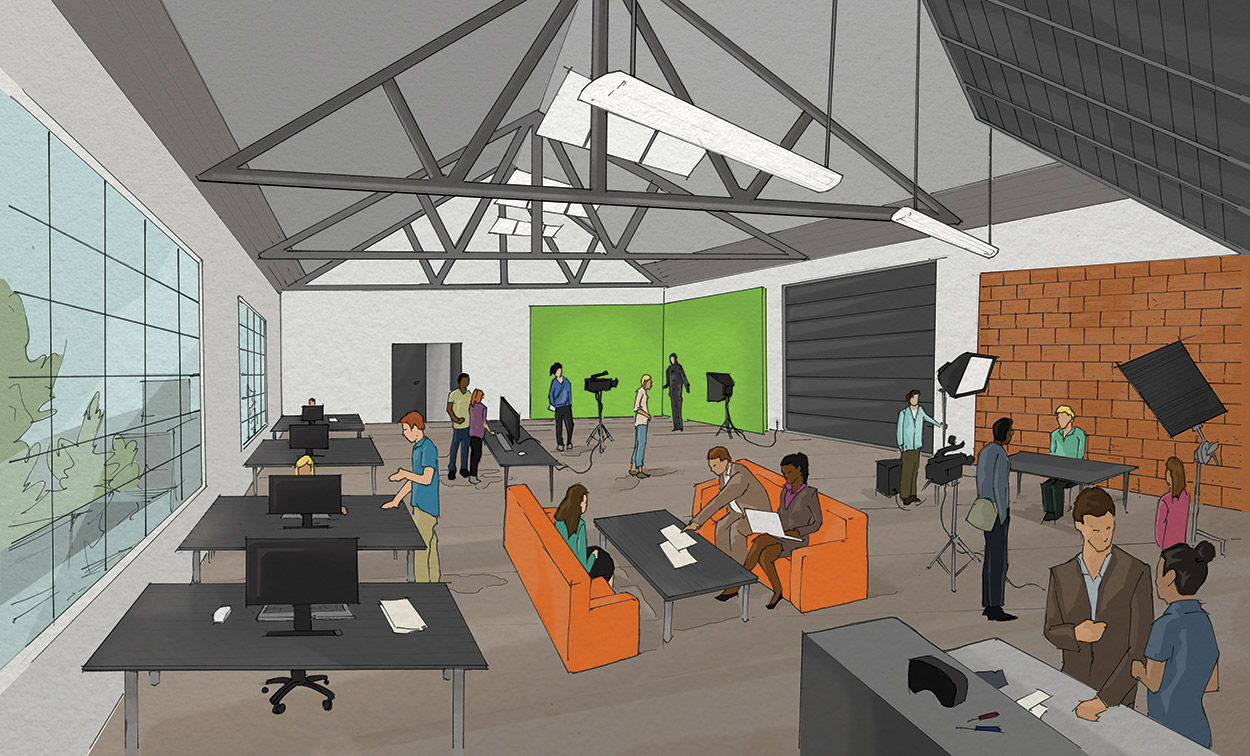An interior rendering of the Granville Island Arts and Innocation hub, showing a potential augmented reality or virtual reality lab.